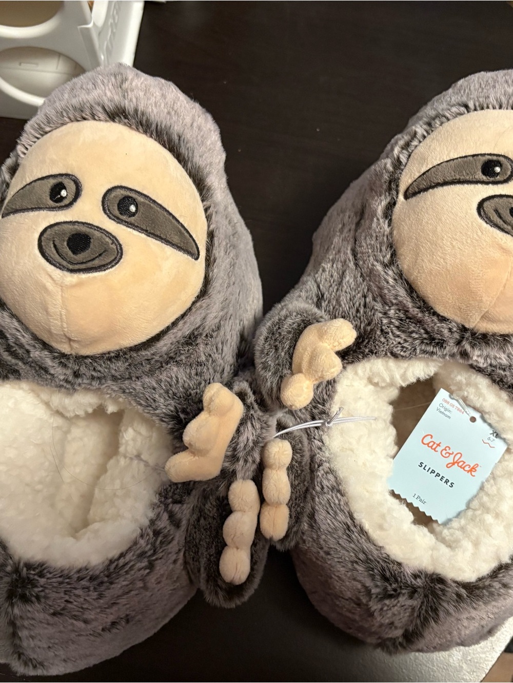 Cat & Jack Plush Sloth Slippers - Gray and Cream
